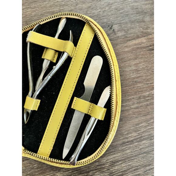 Vintage Manicure Kit Yellow Leather Travel Case Metal Tools - Picture 6 of 9